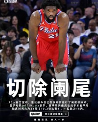 76人官宣恩比德已进行阑尾切除术 专家：赛季期间平均缺阵约23天